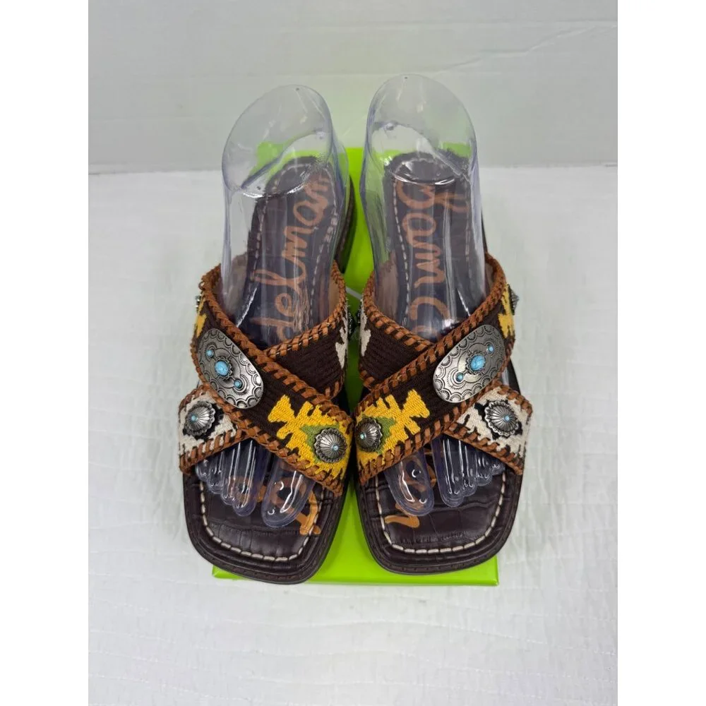 Sam Edelman Brown Multi Leather Embellished Slide Sandals - Picture 3 of 11